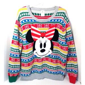 Disney Ugly Christmas Sweater 2X Minnie Mouse Embroidered All Over Print Holiday